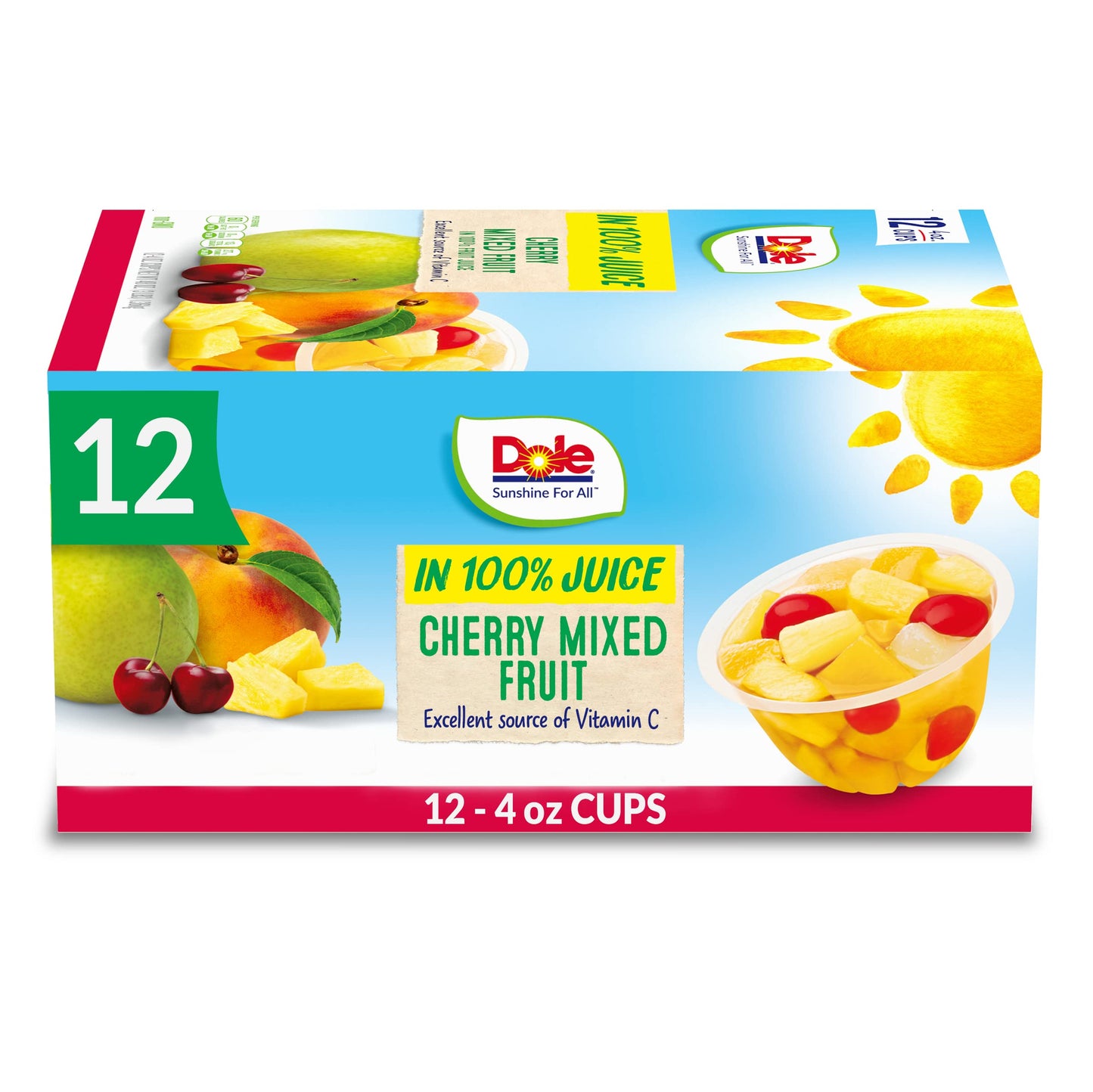 Dole Fruit Bowls No Sugar Added Variety Pack Snacks, Peaches, Mandarin Oranges & Cherry Mixed Fruit, 4oz 12 Cups, Gluten & Dairy Free, Bulk Lunch Snacks for Kids & Adults