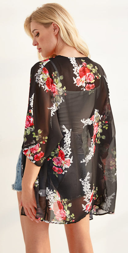 Women's Floral Print Puff Sleeve Kimono Cardigan Loose Cover Up Casual Blouse Tops