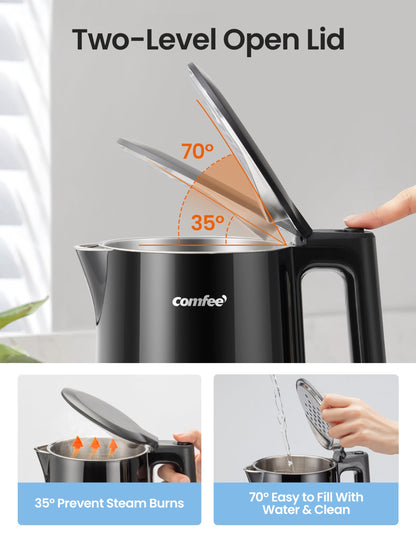 COMFEE' Stainless Steel Electric Kettle, 1.7 Liter Tea Kettle Electric & Hot Water Kettle, 1500W Fast Boil with LED Light, Auto Shut-Off and Boil-Dry Protection