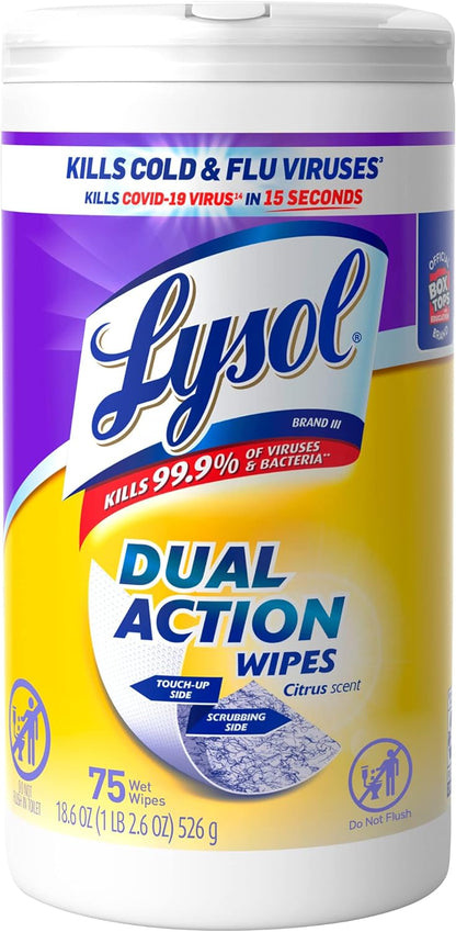 Lysol Dual Action Disinfectant Wipes, Multi-Surface Antibacterial Scrubbing Wipes, For Disinfecting and Cleaning, Citrus Scent, 75ct