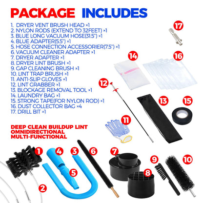 Holikme Dryer Vent Cleaner Kit 42 Feet Dryer Cleaning Tools, Include Dryer Vent Brush, Omnidirectional Blue Dryer Lint Vacuum Attachment, Dryer Lint Trap Brush, Vacuum & Dryer Adapters