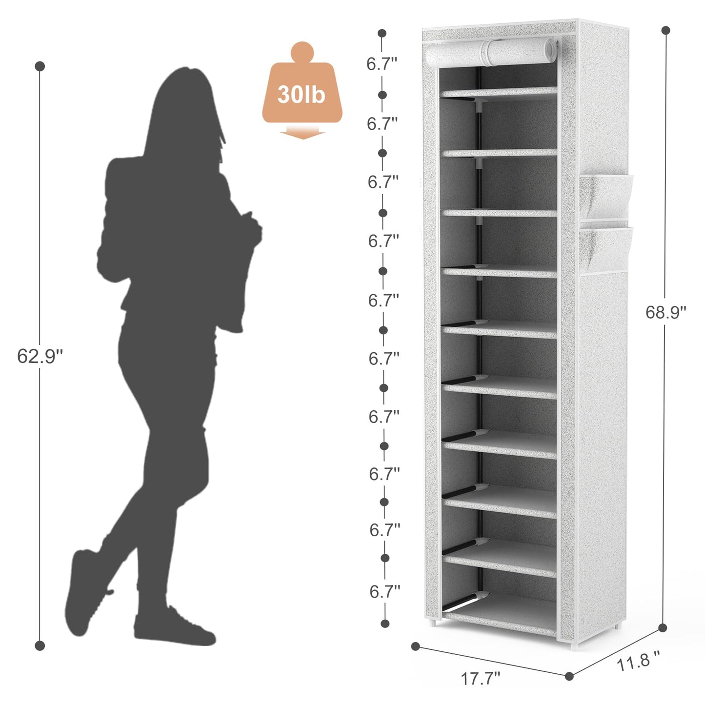 VTRIN Vertical Narrow Shoe Rack Organizer Tall Shoe Rack for Closet Entryway 10 Tier Non-Woven Cover Shoe Shelf Holds 20-22 Pairs Fr