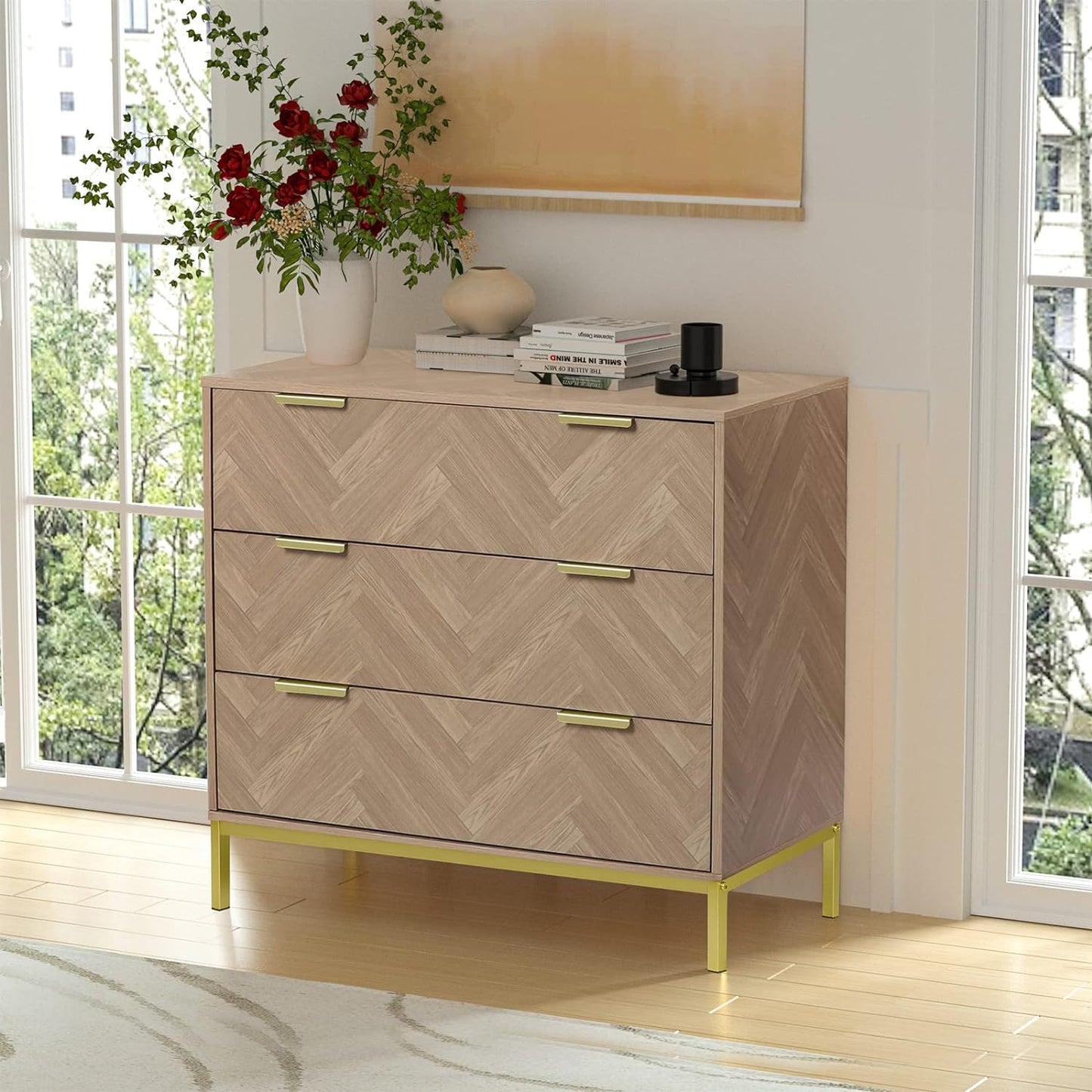 Anmytek Modern 3 Drawer Chest Dresser, Mid Century Natural Oak Organizer Bedroom Furniture with Gold Metal Legs H0037