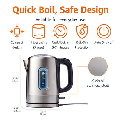 Amazon Basics Electric Kettle, Stainless Steel, Portable Fast-Boiling, Tea Kettle for Boiling Water, for Tea and Coffee, Auto Shut-Off and Boil Dry Protection, 1 Liter, Black and Silver