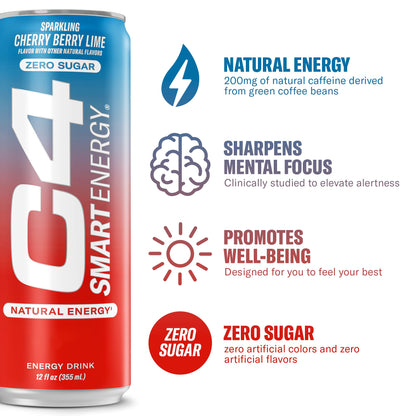 C4 Smart Energy Drink – Boost Focus and Energy with Zero Sugar, Natural Energy, and Nootropics - 200mg Caffeine - Cherry Berry Lime (12oz Pack of 12)