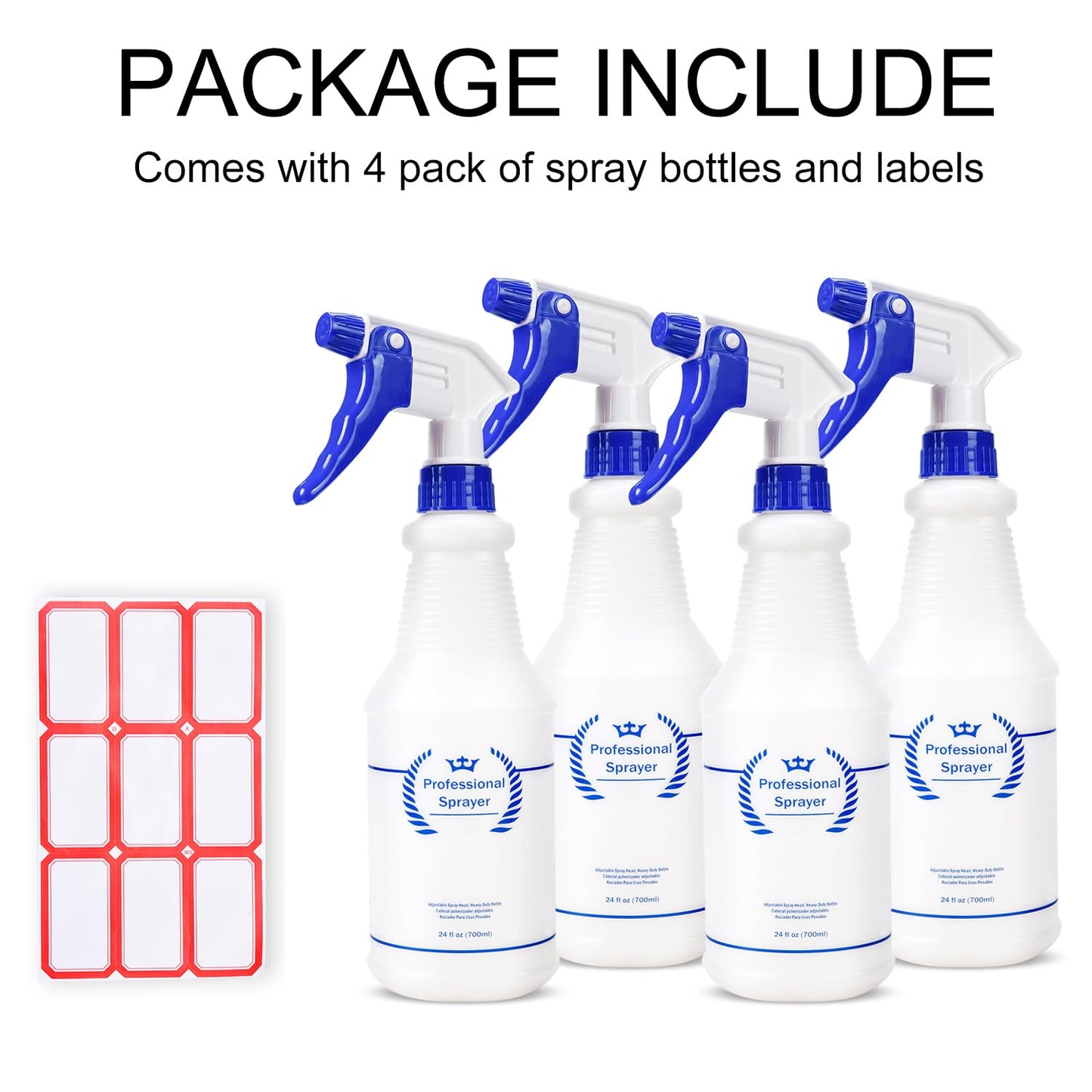 Plastic Spray Bottle, Empty Spray Bottles (2 Pack 24 Oz), All-Purpose Sprayer for Cleaning Solutions, Bleach Spray, Planting, BBQ, Mist & Stream Water Spraying Bottle with Adjustable Nozzle