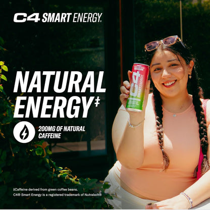 C4 Smart Energy Drink – Boost Focus and Energy with Zero Sugar, Natural Energy, and Nootropics - 200mg Caffeine - Cherry Berry Lime (12oz Pack of 12)