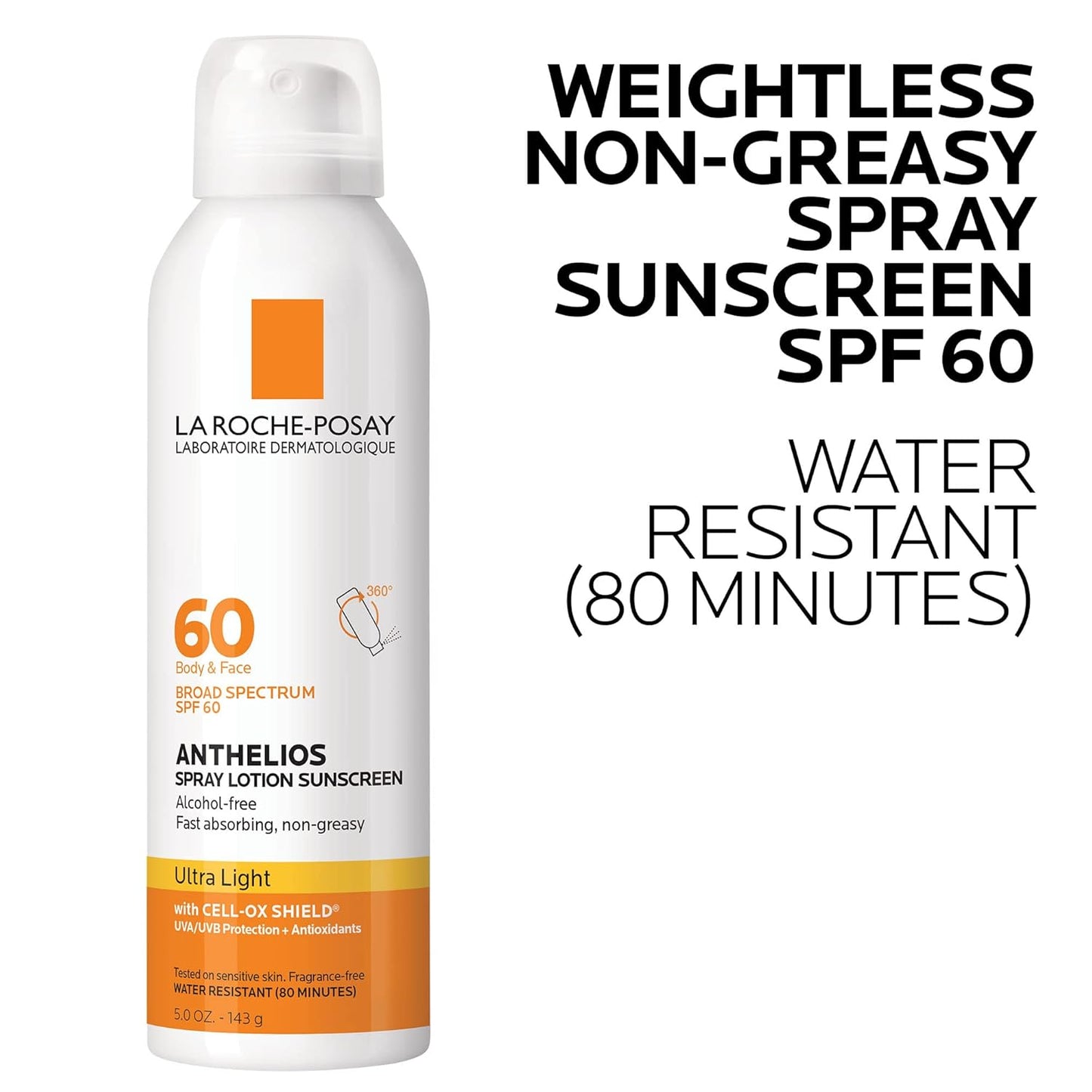 La Roche-Posay Anthelios Ultra-Light Sunscreen Spray Lotion SPF 60 | Spray Sunscreen For Face & Body | Broad Spectrum SPF + Antioxidants | Oil Free | Alcohol Free | Water Resistant 80 Min. | 5 Fl. Oz.