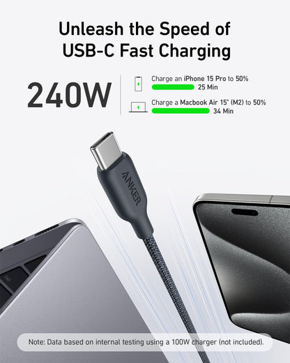 Anker USB C to USB C Cable (240W,10ft), Bio-Braided USB C Charger Cable Fast Charge for iPhone15/15Pro/15Plus/15ProMax, iPad Pro 2020, iPad Air 4, Samsung Galaxy S23+/S23 Ultra