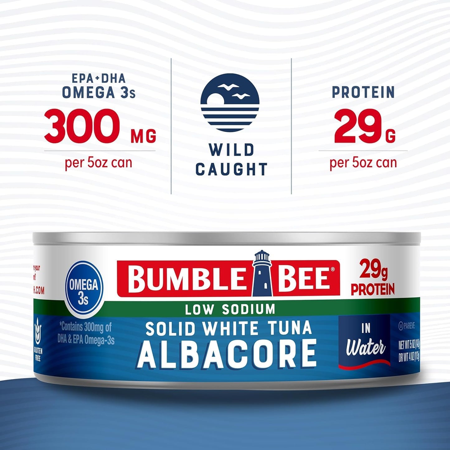 Bumble Bee Solid White Albacore Tuna in Water, 5 oz Can (Pack of 8) - Wild Caught Tuna - 29g Protein per Serving, High in Omega-3s - Non-GMO Project Verified, Gluten Free, Kosher