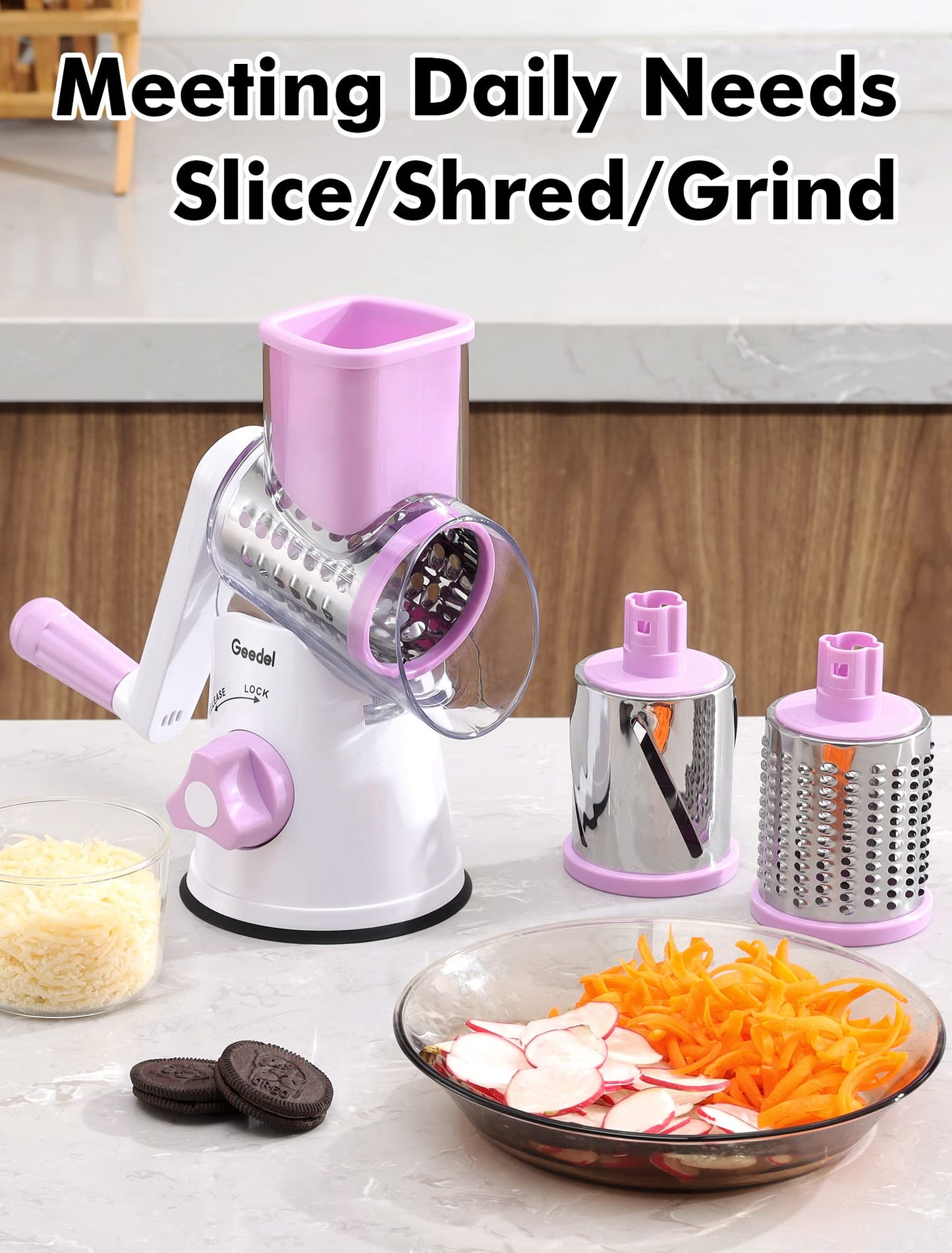 Geedel Rotary Cheese Grater, Kitchen Mandoline Vegetable Slicer with 3 Interchangeable Blades, Easy to Clean Grater for Fruit, Vegetables, Nuts