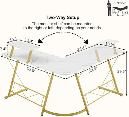 Mr IRONSTONE L Shaped Desk Computer Corner Desk, Home Gaming Desk, Office Writing Workstation with Large Monitor Stand, Easy to Assemble (White,51 Inch)