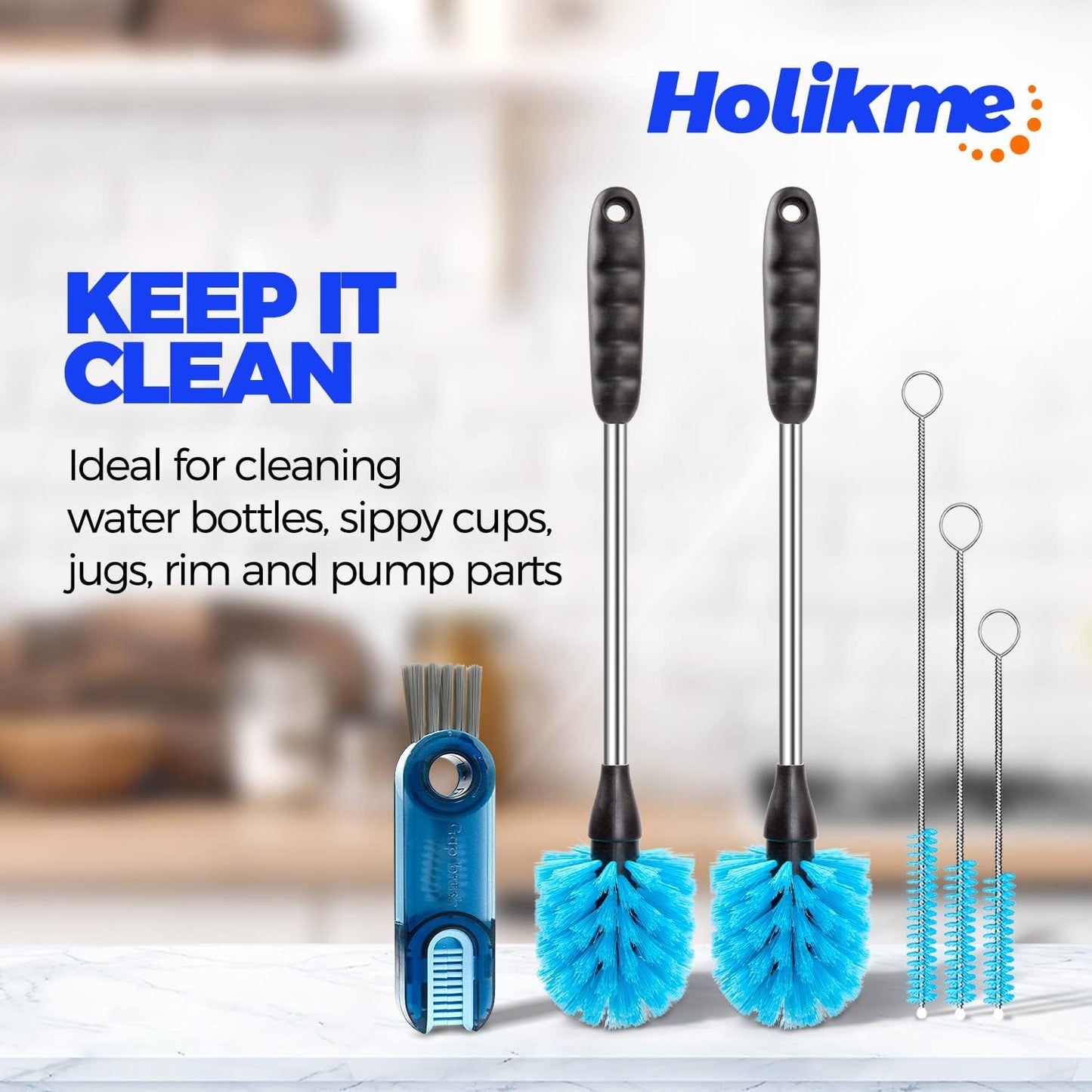 Holikme 6 Pack Bottle Brush Set, 14" Long Handle Stainless Steel Bottle Cleaner Brush, 3 Straw Brushes, 3-in-1 Bottle Cleaning Brush for Water Bottle, Baby Bottle, Straws Black