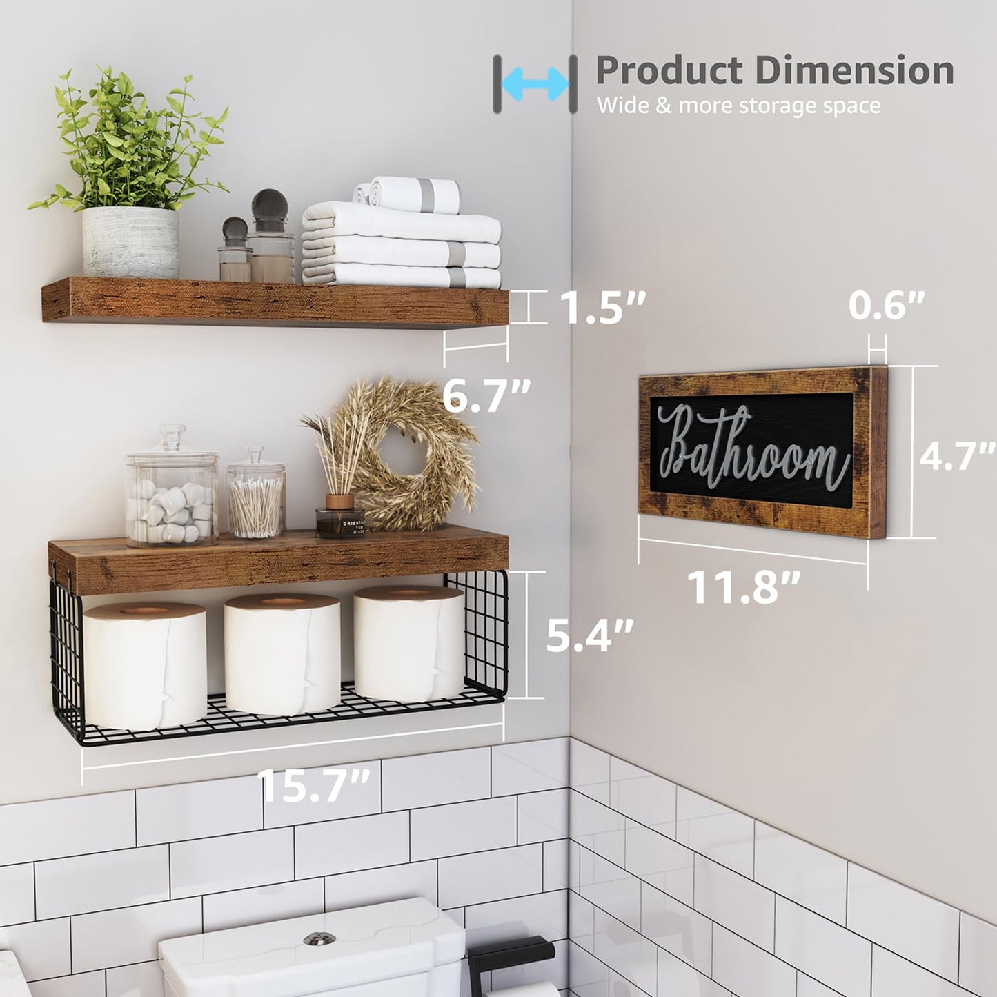 QEEIG ‎Bathroom Furniture Sets Shelves Over Toilet Paper Storage Wall Mounted Farmhouse Decor Decorations Aesthetic Décor Sign Small Floating Wall Shelf 2+1 Set 16 inch, Grey (020GY)