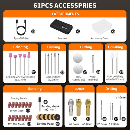 HARDELL Mini Cordless Rotary Tool Kit, 5-Speed and USB Charging with 61 Accessories, Multi-Purpose 3.7V Power Rotary Tool for Sanding, Polishing, Drilling, Etching, Engraving, DIY Crafts