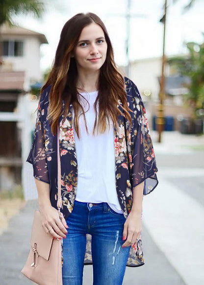 Women's Floral Print Puff Sleeve Kimono Cardigan Loose Cover Up Casual Blouse Tops