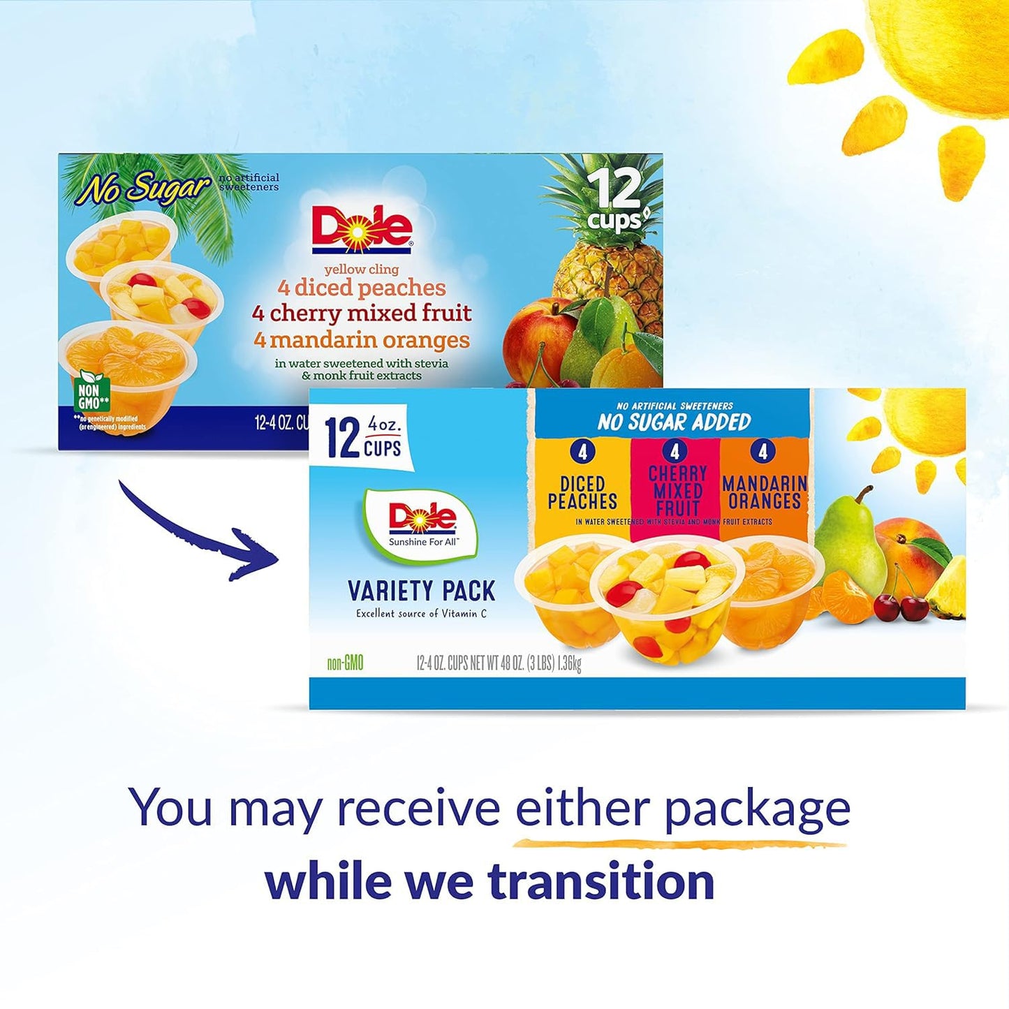 Dole Fruit Bowls No Sugar Added Variety Pack Snacks, Peaches, Mandarin Oranges & Cherry Mixed Fruit, 4oz 12 Cups, Gluten & Dairy Free, Bulk Lunch Snacks for Kids & Adults