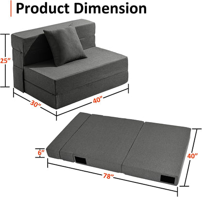 JKMAX Twin Size Folding Sofa Bed - 4 in 1 Sleeper Chair with Pillow - High Density Memory Foam Fold Out Couch - Convertible Folding Bed with Washable Modern Linen Cover for Apartment (Dark Grey)