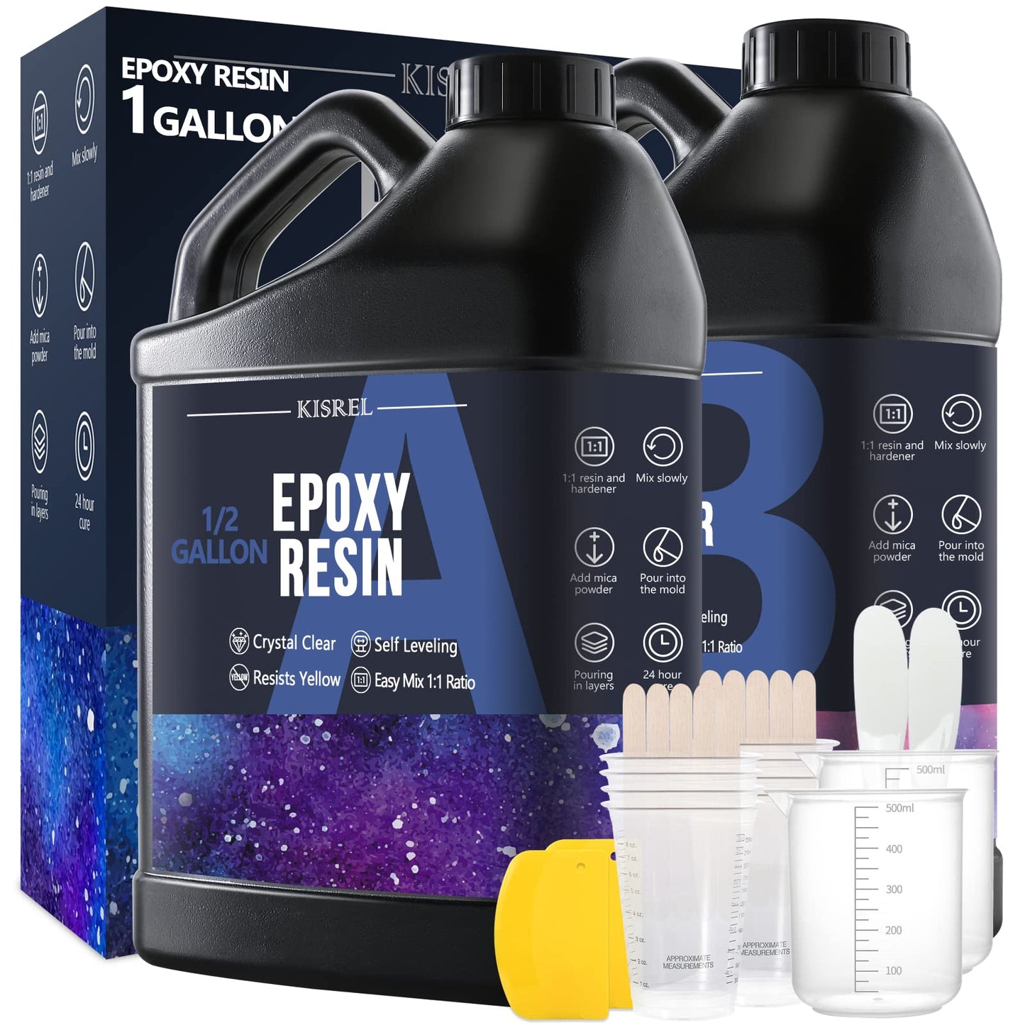 Epoxy Resin 1Gallon - Crystal Clear Epoxy Resin Kit - No Yellowing No Bubble Art Resin Casting Resin for Art Crafts, Jewelry Making, Wood & Resin Molds(1/2 Gallon x 2)