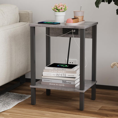 Set of 2 End Table with Charging Station, Narrow Side Table with USB Ports and Outlets, Nightstands with 2-Tier Storage Shelves, Sofa Table for Small Space Living Room Bedroom, Grey