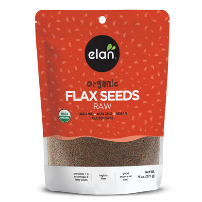 Elan Organic Flax Seed, 9 oz, Whole Seeds, Raw Seeds, Non-GMO, Vegan, Gluten-Free, Kosher, High in Fiber, Gels Easily