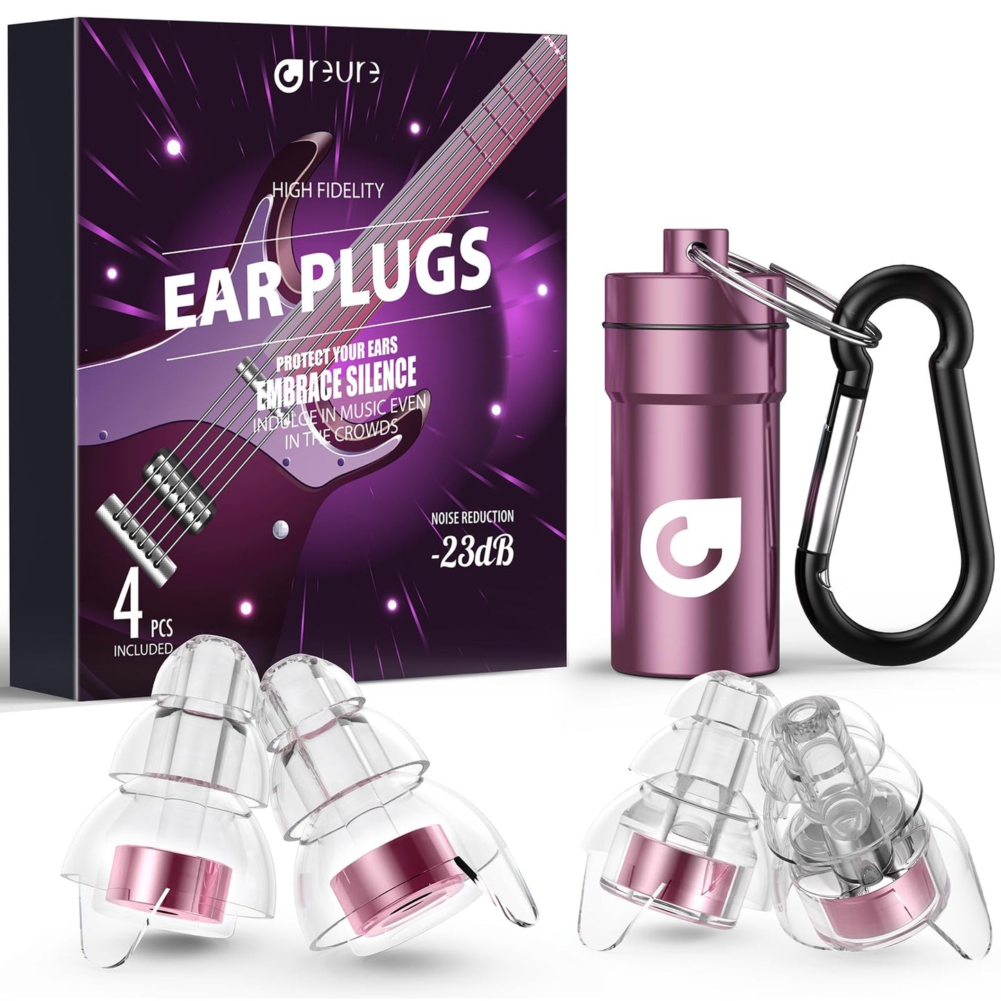 Reure High Fidelity Concert Ear Plugs, Noise Cancelling Silicone Ear Plugs 2 Pairs Great for Concerts Loud Music, Musicians, Motorcycles, Airplanes, Raves, Hearing Protection -20 dB