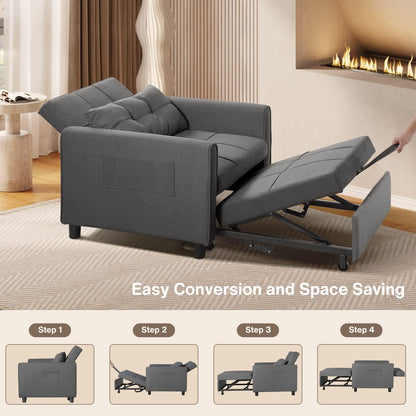 Convertible Futon Sofa Bed, 3-in-1 Multi-Functional Sleeper Chair Bed, Adjustable Backrest Recliner with Modern Linen Fabric for Living Room Bedroom Apartment Small Space, Dark Grey