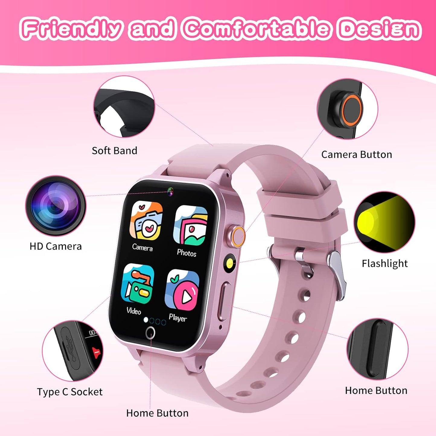 Kids Smart Watch Gift for Girls Age 5-12, 26 Games HD Touch Screen Watches with Video Camera Music Player Pedometer Flashlight 12/24 hr Educational Toys Birthday Gifts for Girls Ages 7 8 9 10