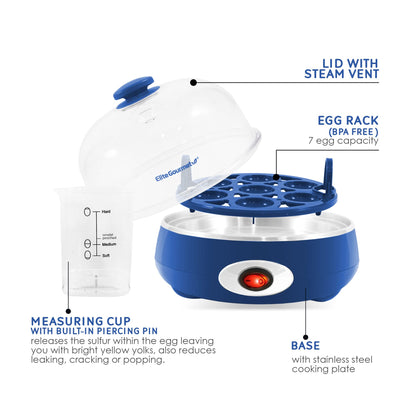 Elite Gourmet EGC322CBL Easy Egg Cooker Electric 7-Egg Capacity, Soft, Medium, Hard-Boiled Egg Cooker with Auto Shut-Off, Measuring Cup Included, BPA Free, Classic Blue