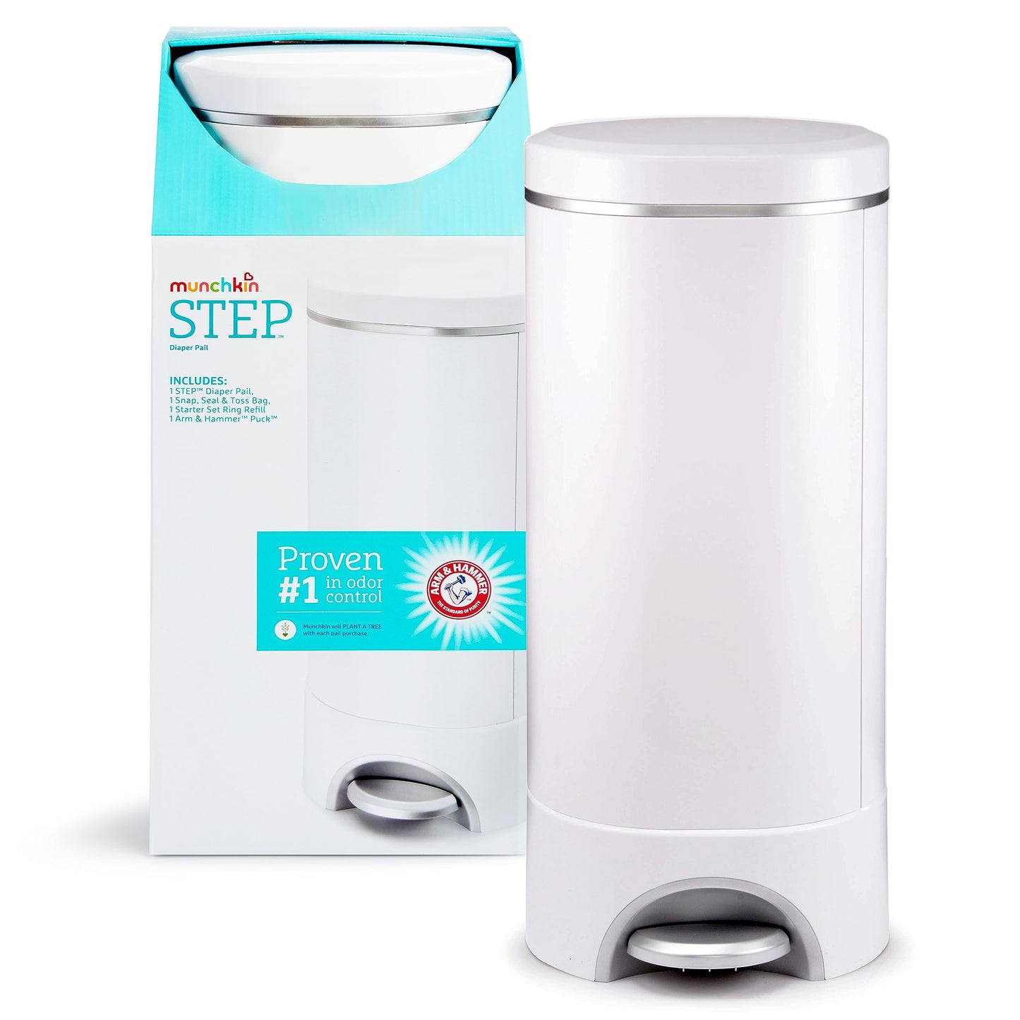 Munchkin® STEP™ Diaper Pail Powered by Arm & Hammer, #1 in Odor Control, Award-Winning, Includes 1 Snap, Seal & Toss™ Bag, 1 Starter Refill Ring, and 1 PUCK™ Baking Soda Cartridge