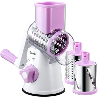 Geedel Rotary Cheese Grater, Kitchen Mandoline Vegetable Slicer with 3 Interchangeable Blades, Easy to Clean Grater for Fruit, Vegetables, Nuts