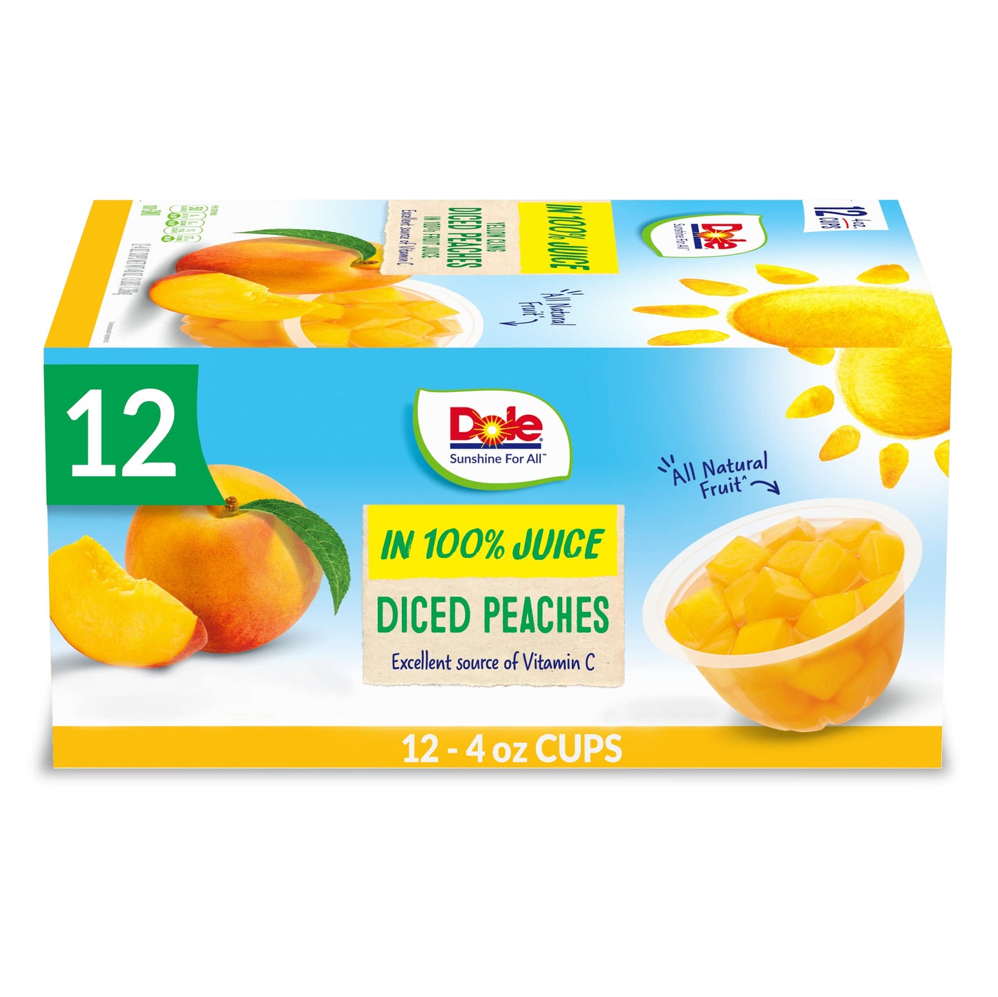 Dole Fruit Bowls Diced Peaches in 100% Juice Snacks, 4oz 12 Total Cups, Gluten & Dairy Free, Bulk Lunch Snacks for Kids & Adults