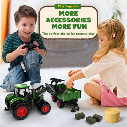 Remote Control Tractor Toy, Kids RC Tractor Set & Truck and Trailer Front Loader - Metal Car Head/8 Wheel/Light, Toddlers Farm Vehicle Toys for 3 4 5 6 7 8 9 Year Old Boys Girls Birthday Gift