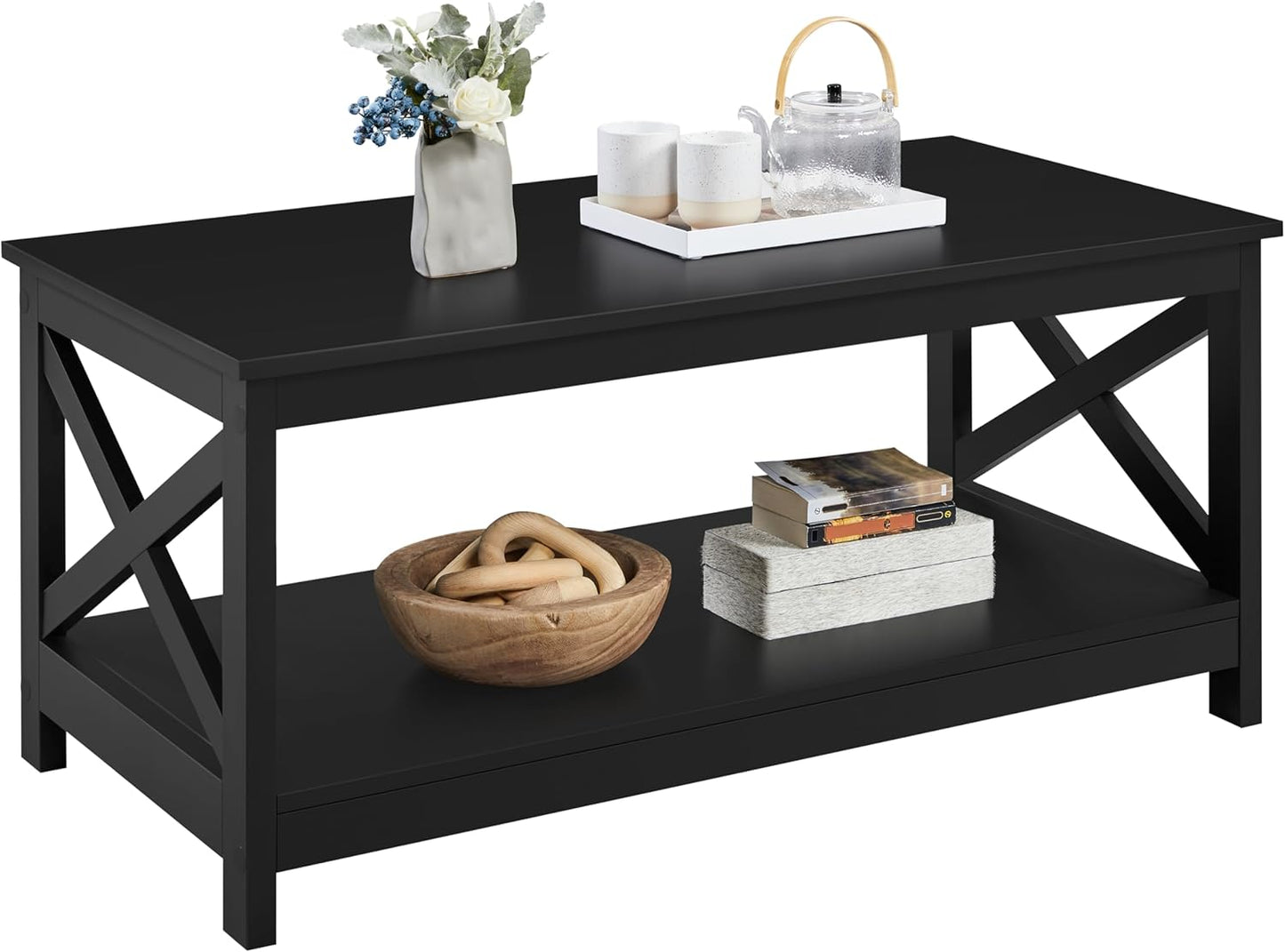 Yaheetech Wood 2-Tier Black Coffee Table with Storage Shelf for Living Room, X Design Accent Cocktail Table, Easy Assembly Home Furniture, 39.5 x 21.5 x 18 Inches