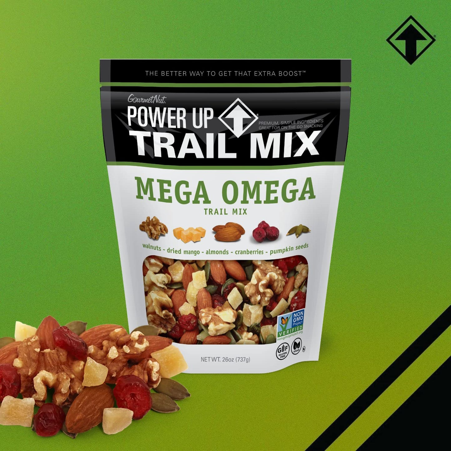 Power Up Trail Mix, Mega Omega Trail Mix, Non-GMO, Vegan, Gluten Free, No Artificial Ingredients, Gourmet Nut, 14 Ounce Bag