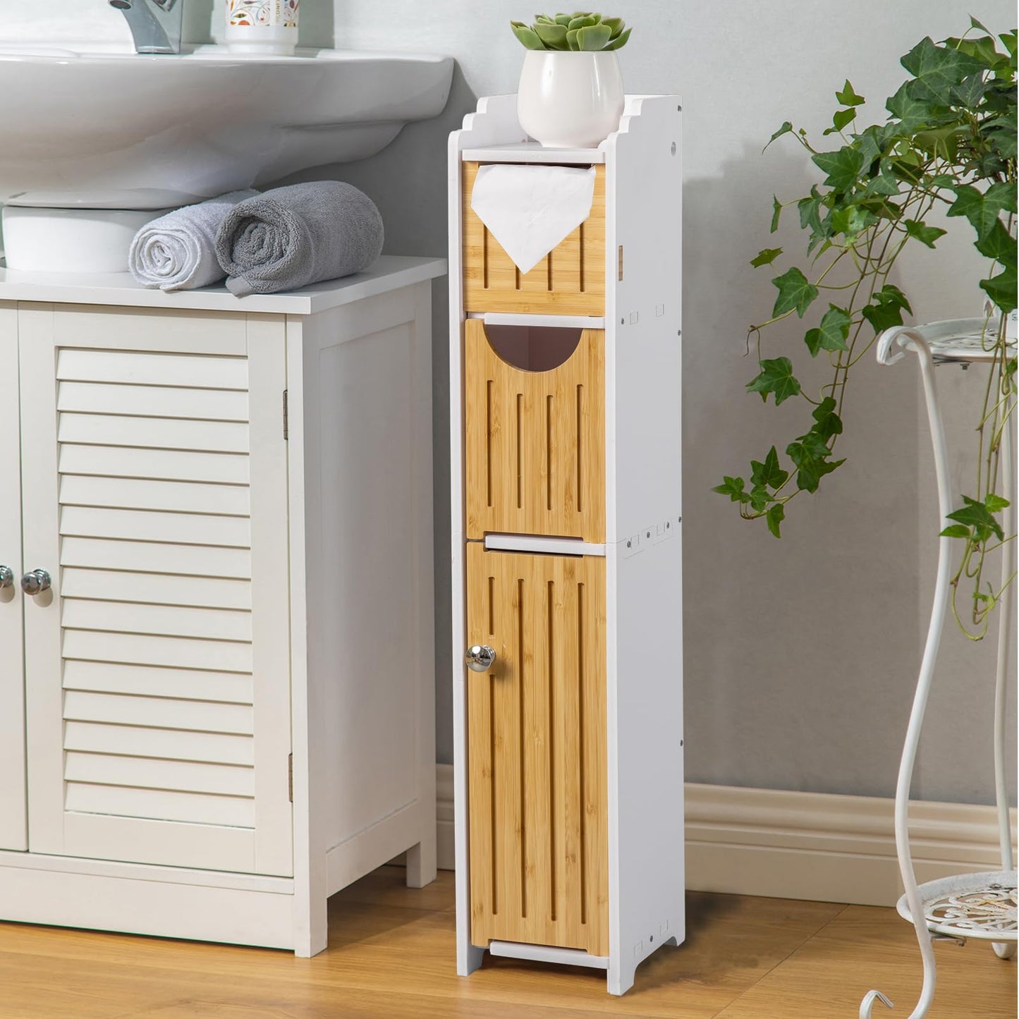 AOJEZOR Bathroom Storage Cabinet: Small Bathroom Storage Cabinet for Small Space - Toilet Paper Cabinet Fit for Small Roll - White