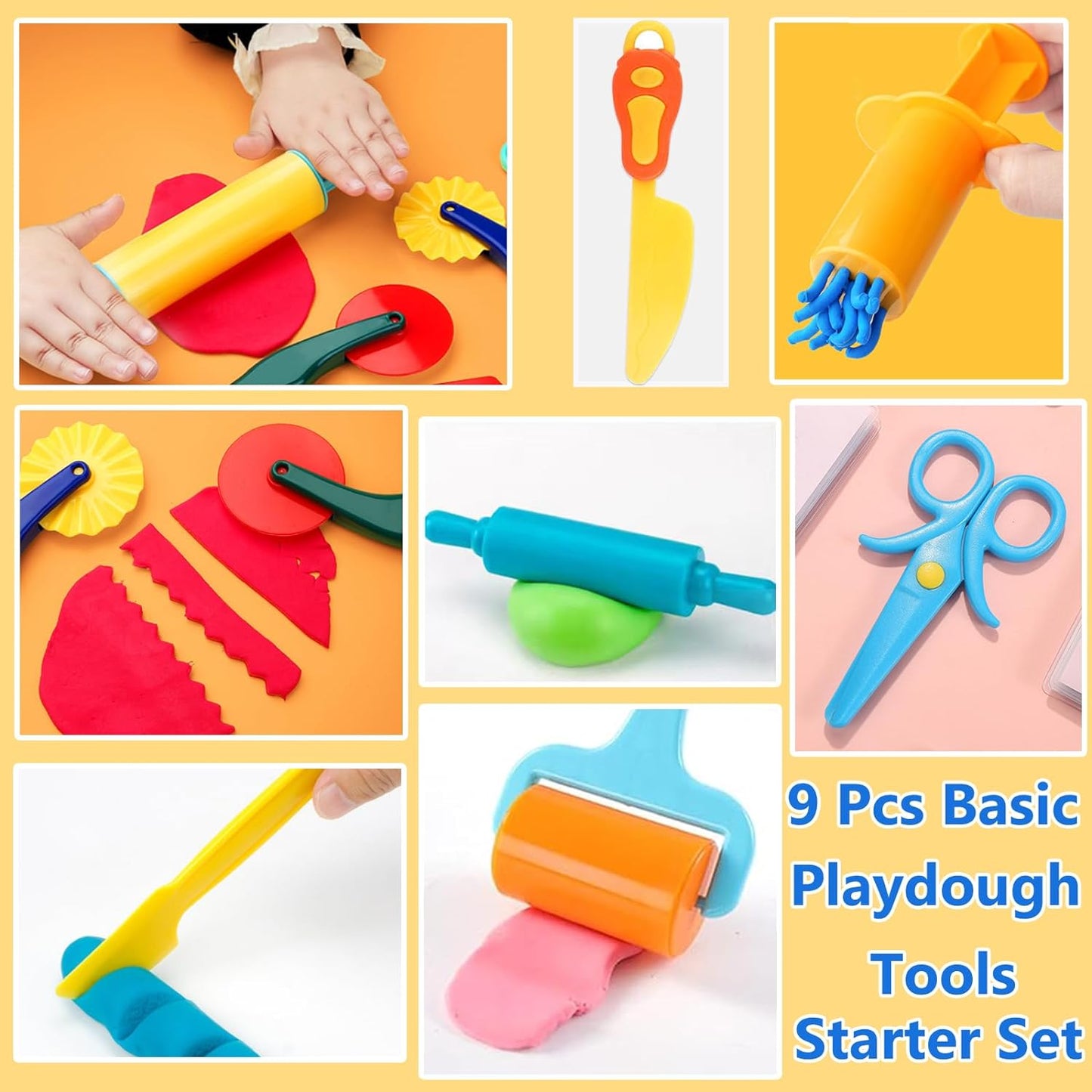 Playdough Tool Kit,9 Pcs Basic Play Dough Tools Starter Set for Kids includes Cutters Roller, Rolling Pins, Safety Scissors,Dough Extruder,Plastic Knife