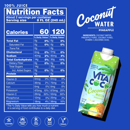 Vita Coco Coconut Water Naturally Hydrating Electrolyte Drink Smart Alternative to Coffee Soda and Sports Drinks Gluten Free, Pineapple, 16.9 Fl Oz (Pack of 12), 202.8 Fl Oz