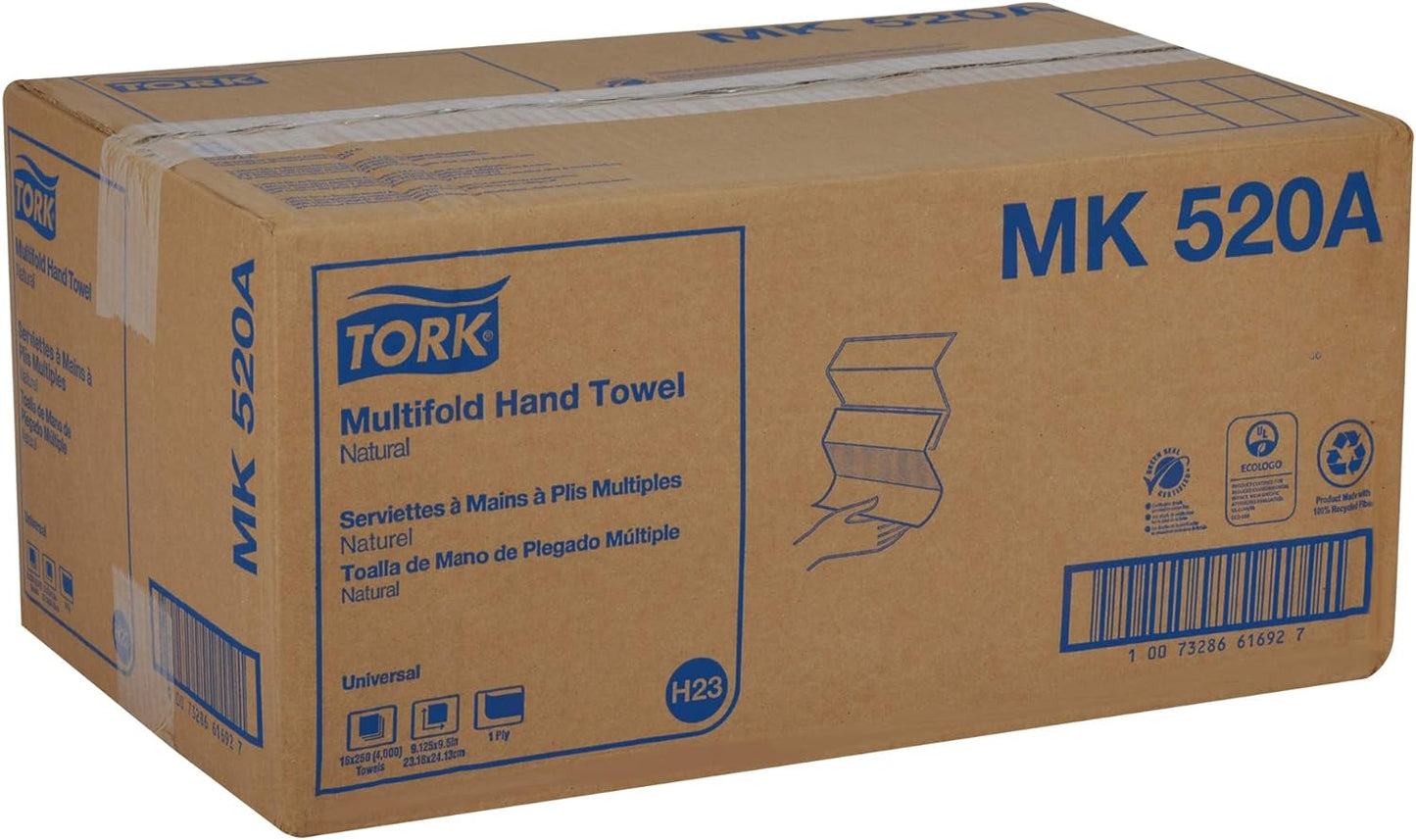 Tork Multifold Hand Towel Natural H2, Universal, 100% Recycled Fibers, 16 x 250 Sheets, MK520A