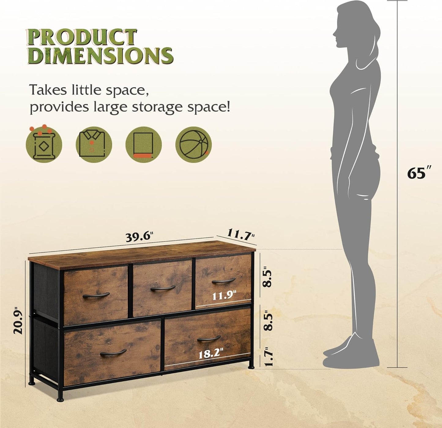 WLIVE Dresser for Bedroom with 5 Drawers, Wide Chest of Drawers, Fabric Dresser, Storage Organizer Unit with Fabric Bins for Closet, Living Room, Hallway, Rustic Brown Wood Grain Print