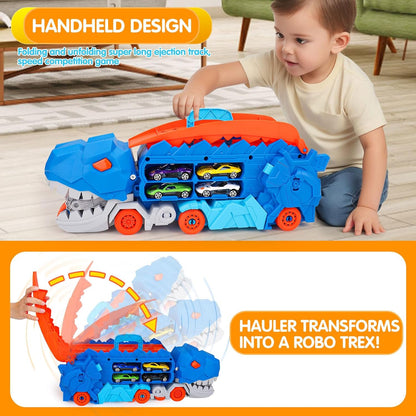 Transport Dinosaur Truck with City Ultimate Hauler Race Track, Transforms into Stomping Standing Trex Dinosaurs Toddler Toys Unique Gifts for Kid age 2 3 4 5 6 7 8 Year Olds ( 8 Die-Cast Race Cars)