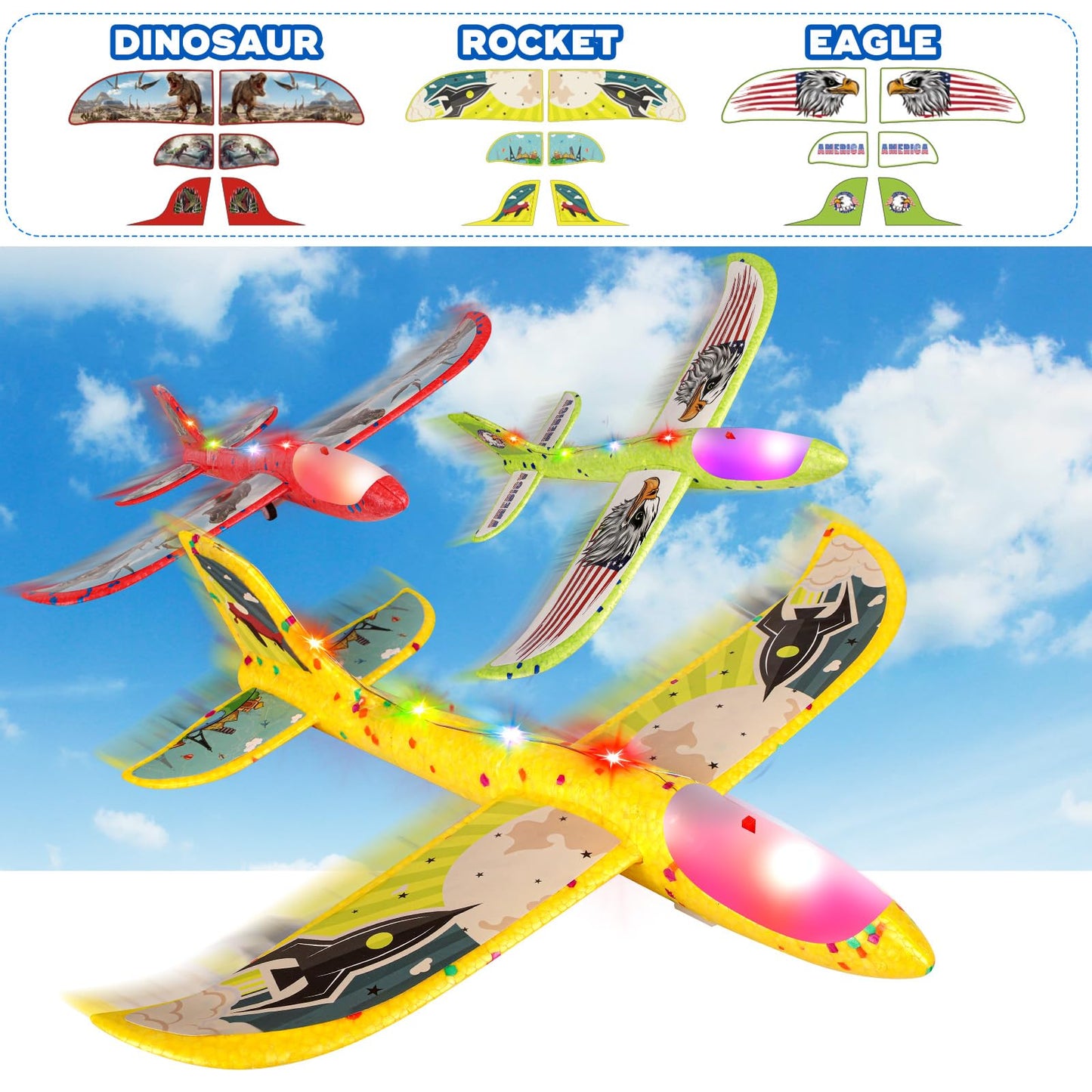 3 Pack Dinosaur Airplane Launcher Toys for Kids, Foam Airplanes for Kids Boys Toys with Stickers, Outdoor Flying Toys Birthday Gifts for 4 5 6 7 8 9 10 12 Year Old Boys Girls.