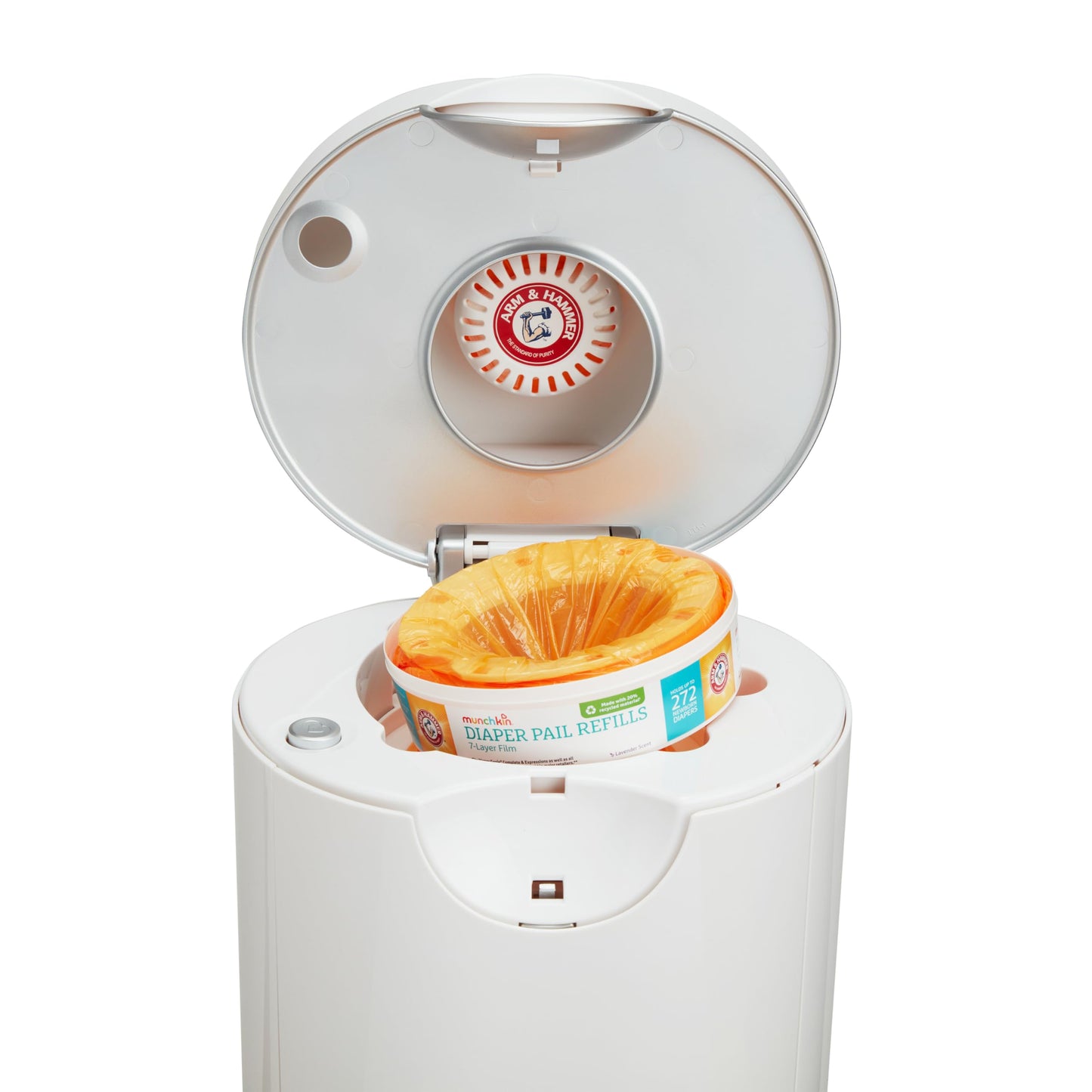 Munchkin® STEP™ Diaper Pail Powered by Arm & Hammer, #1 in Odor Control, Award-Winning, Includes 1 Snap, Seal & Toss™ Bag, 1 Starter Refill Ring, and 1 PUCK™ Baking Soda Cartridge