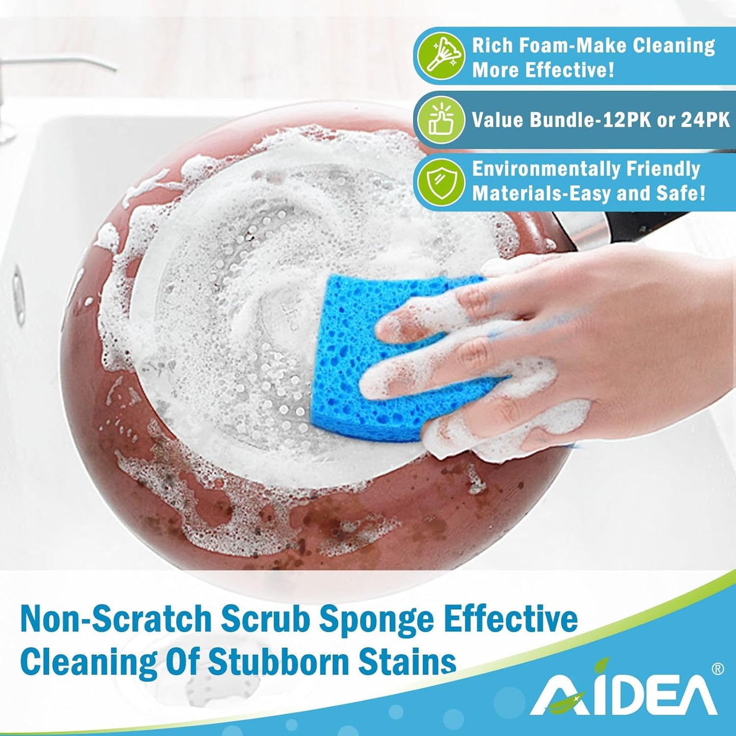 AIDEA-Brite Non-Scratch Scrub Sponge-24Count, Sponges for Dishes, Sponges Kitchen, Cleaning Sponge, Cleans Fast Without Scratching, Stands Up to Stuck-on Grime, Cleaning Power for Everyday Jobs