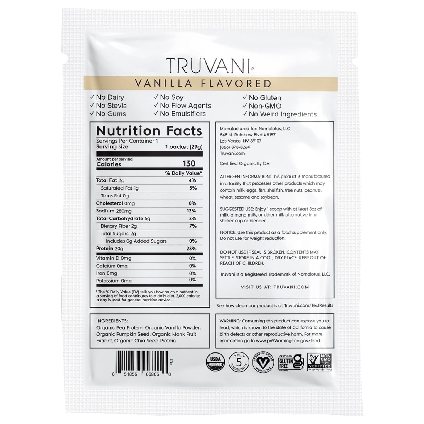 Truvani Vegan Pea Protein Powder | Banana Cinnamon | 20g Organic Plant Based Protein | 1 Serving | Keto | Gluten & Dairy Free | Low Carb | No Added Sugar