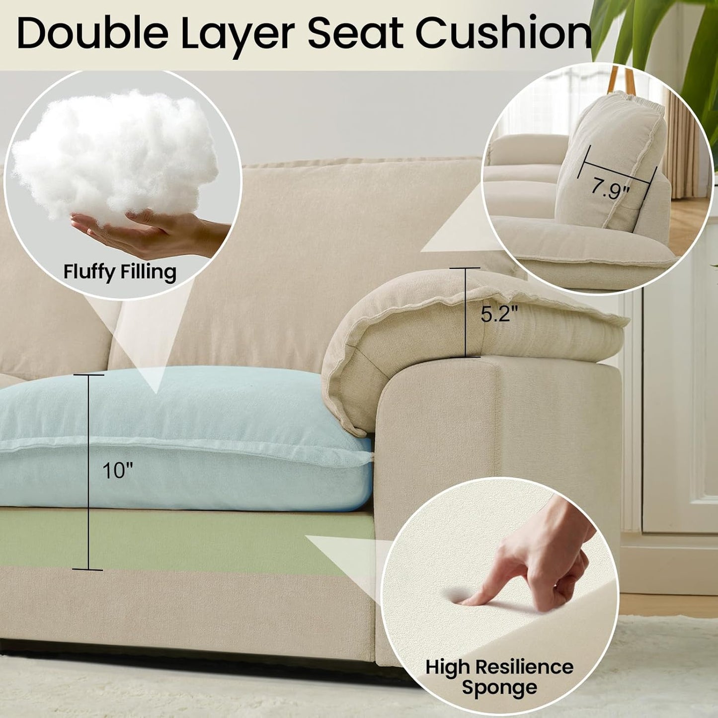 Modular Sectional Sofa Deep Seat Cloud Couch with Reversible Chaise L Shaped Couch with Padded Armrests Chenille Sectional Couches for Living Room Apartment Office Beige