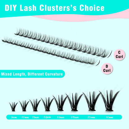 VAVALASH DIY Lash Extension Kit 280 Clusters Individual Lashes Kit 30D 40D 0.07D-10-16mm Lash Clusters, Lash Bond and Seal, Lash Tweezer for DIY Eyelash Extension at Home（Kit-30D+40D-0.07D-10-16MIX）