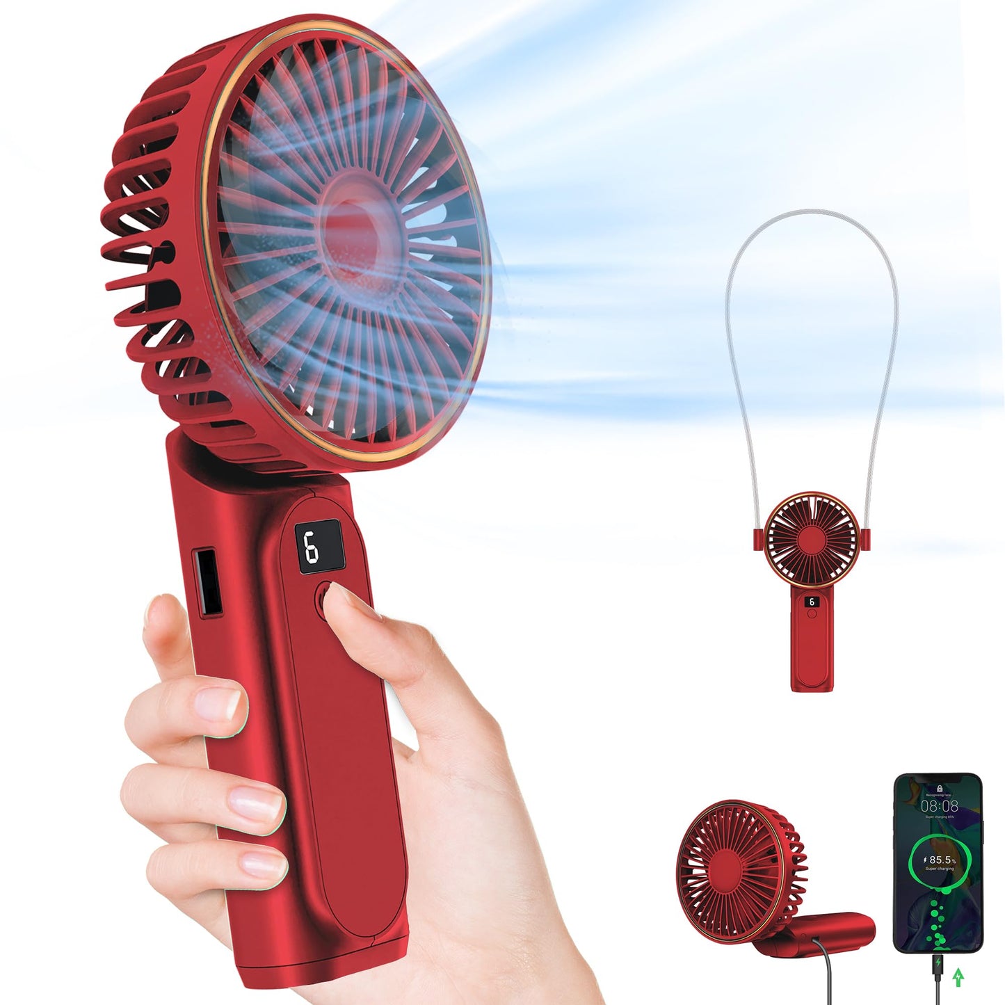 TUNISE Portable Handheld Fan, Portable Fan Rechargeable, 4000mAh, 180° Adjustable, 6 Speed Wind, Display Electricity in Real Time, USB Rechargeable Foldable Fan, Quiet Personal Fan as the Power Bank