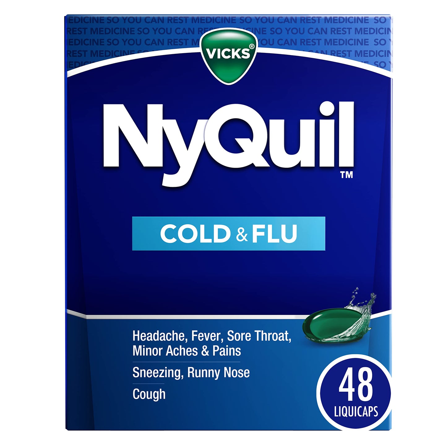 Vicks NyQuil Cold and Flu Relief Liquid Medicine, Powerful Multi-Symptom Nighttime Relief for Headache, Fever, Sore Throat, Minor Aches and Pains, Sneezing, Runny Nose, and Cough, 48 Liquicaps