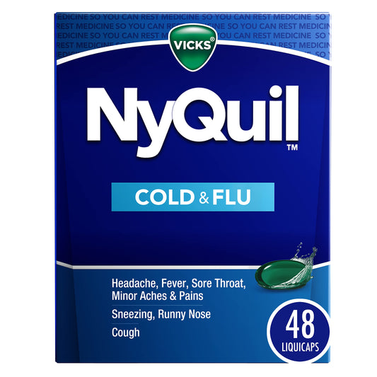 Vicks NyQuil Cold and Flu Relief Liquid Medicine, Powerful Multi-Symptom Nighttime Relief for Headache, Fever, Sore Throat, Minor Aches and Pains, Sneezing, Runny Nose, and Cough, 48 Liquicaps